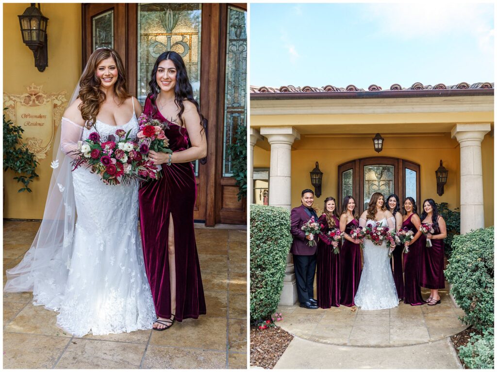 Bridesmaids velvet wedding dresses during a fall wedding at Cali Paso, vineyard and winery in Paso Robles California wedding venue.