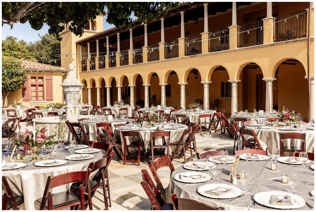 The courtyard at Cali Paso, Vineyards and winery set up for a luxury wedding day with elegant decor.
