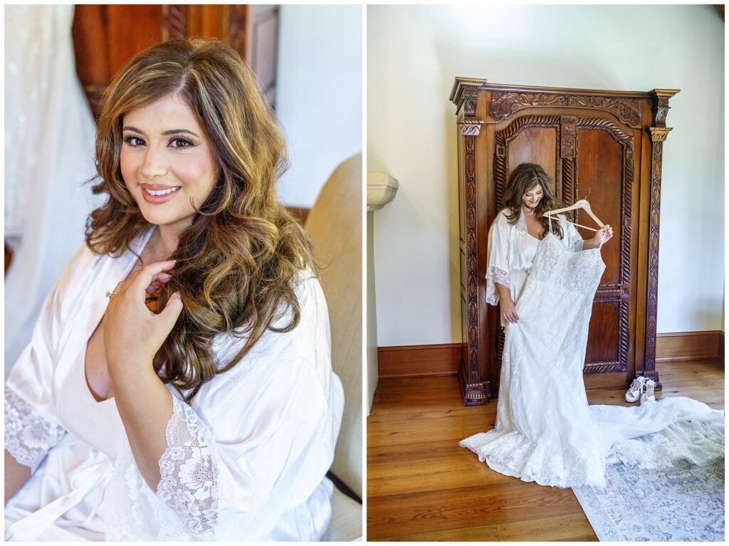 A bride holds her wedding dress while getting ready for her wedding day at Cali Paso Villa, and winery.