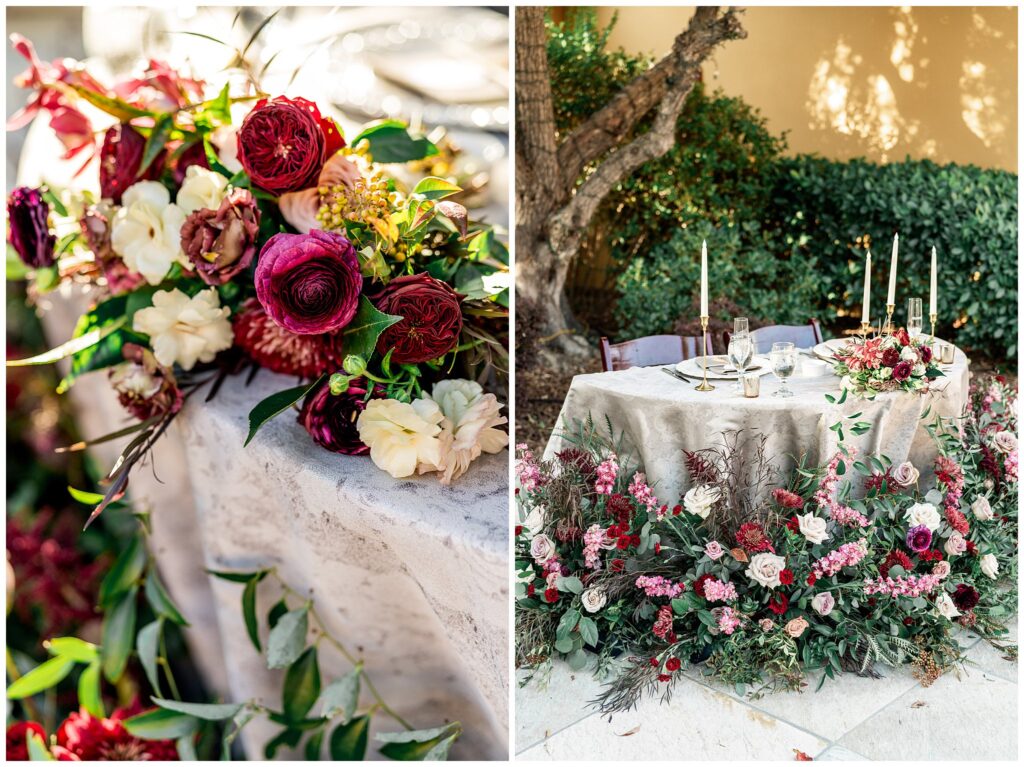 A fall wedding reception with elegant overflowing flowers, and modern sophisticated decor at Cali Paso Vineyards in Paso Robles.