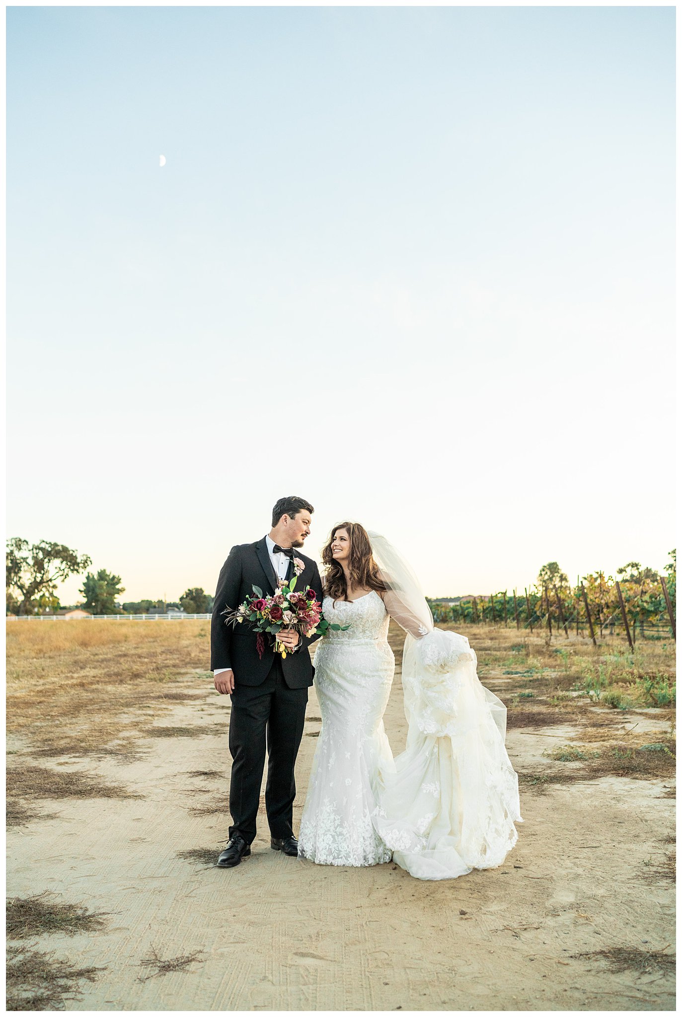 A bright and groom stand in the sunset during their wedding day in the Vineyards at Cali Paso, winery, and Villa in Paso Robles.
