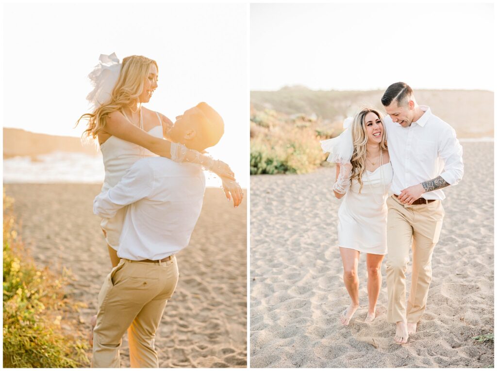 A bride and groom playing on the beach during their engagement session. 