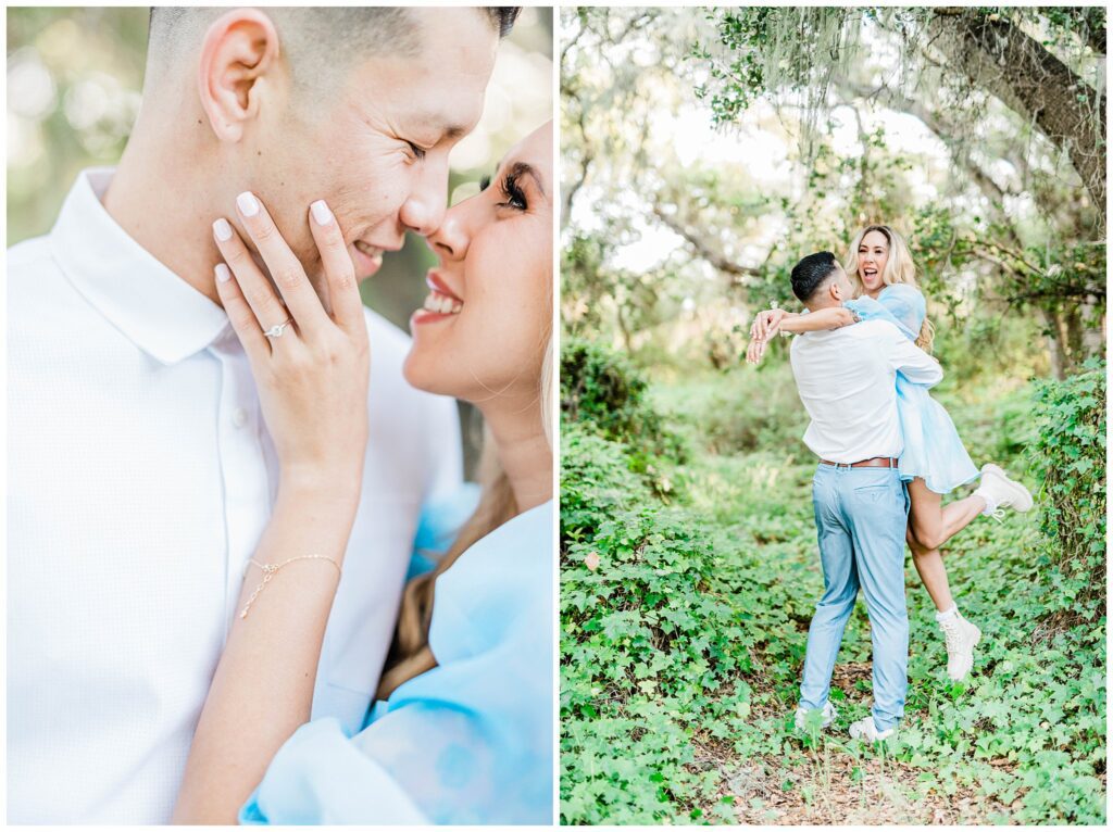 Bride and groom smile and laugh while standing in a forests filled with moss and vines during their fairytale engagement session in Los Osos, San Luis Obispo. 