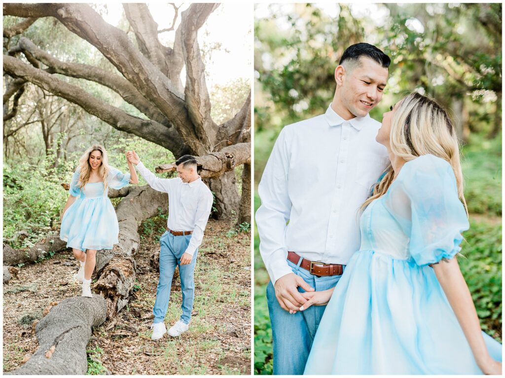 Engaged couple hold hands and walk through the trees during a romantic photo session in San Luis Obispo.