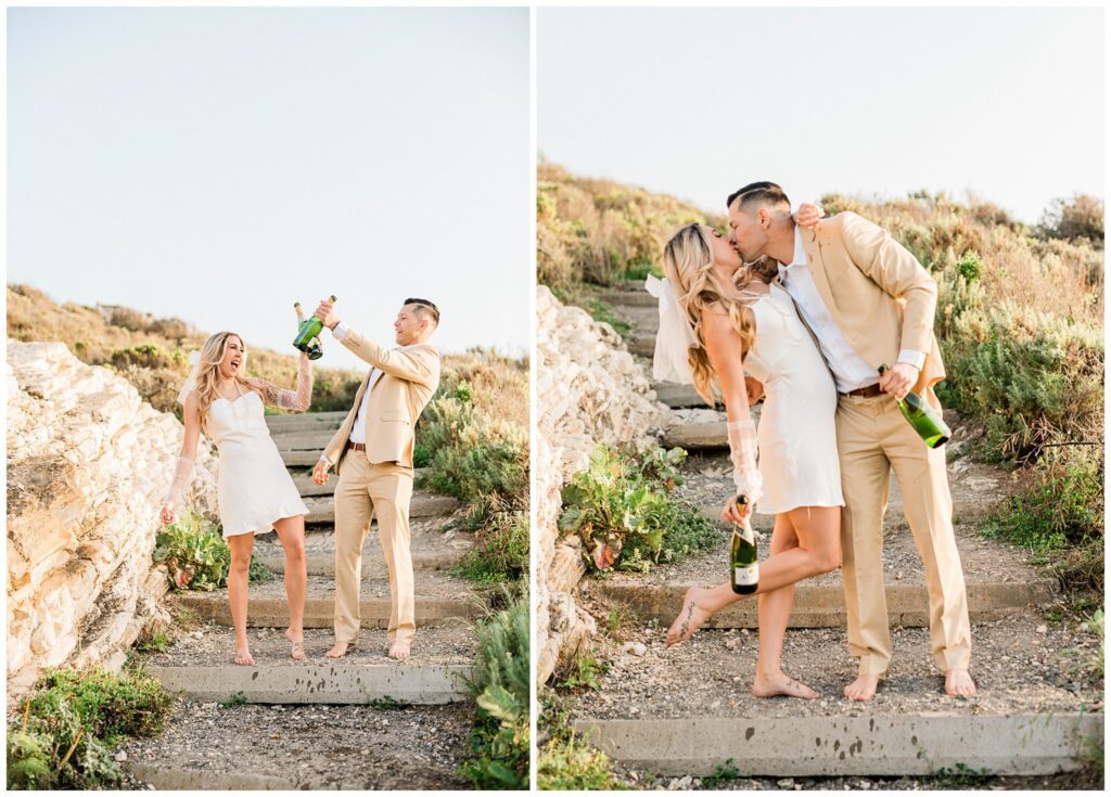 An engaged couple laugh and toast Champagne during their candid engagement session in Montana De Oro, San Luis Obispo.