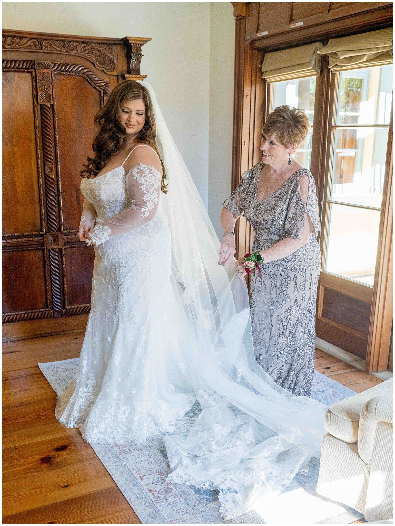 Bride and mother sharing a special moment adjusting the veil in Paso Robles, beautifully captured by Leana Myra Photography.