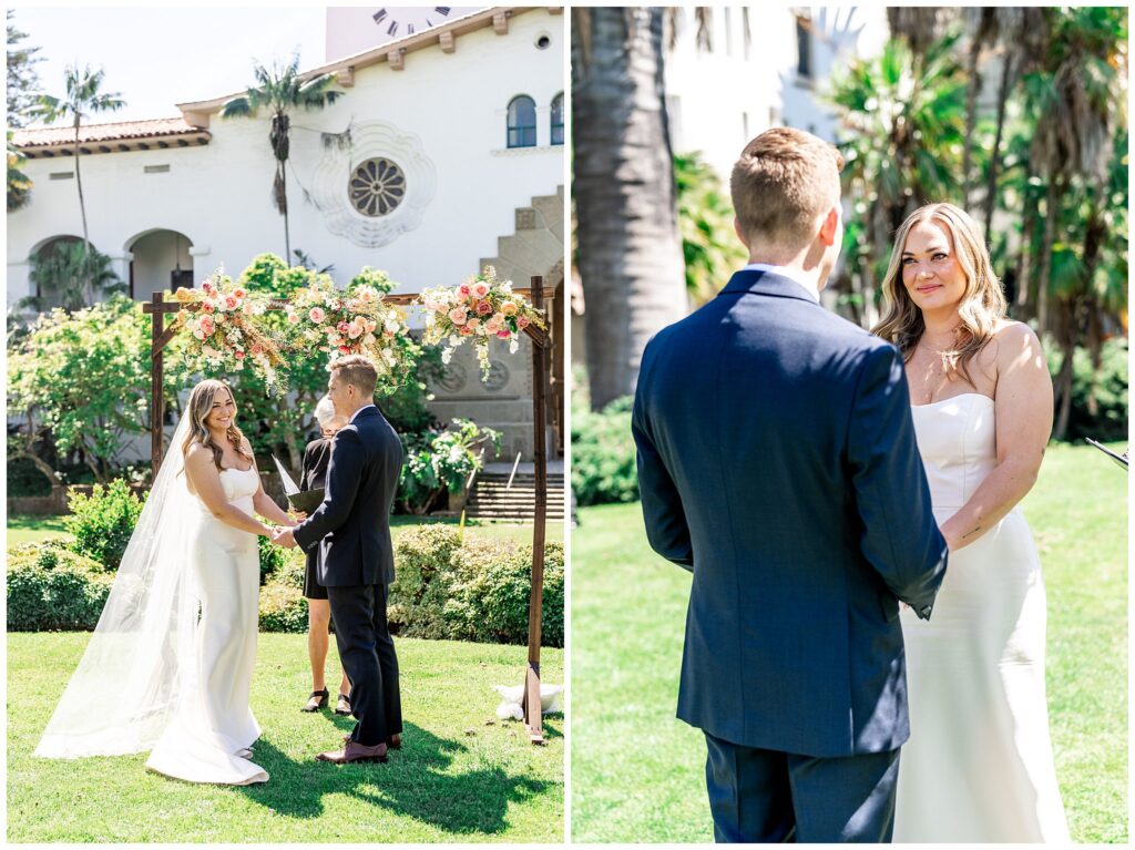 A micro wedding ceremony at the Santa Barbara courthouse on the Palm Terrace overlooking the sunken Gardens.