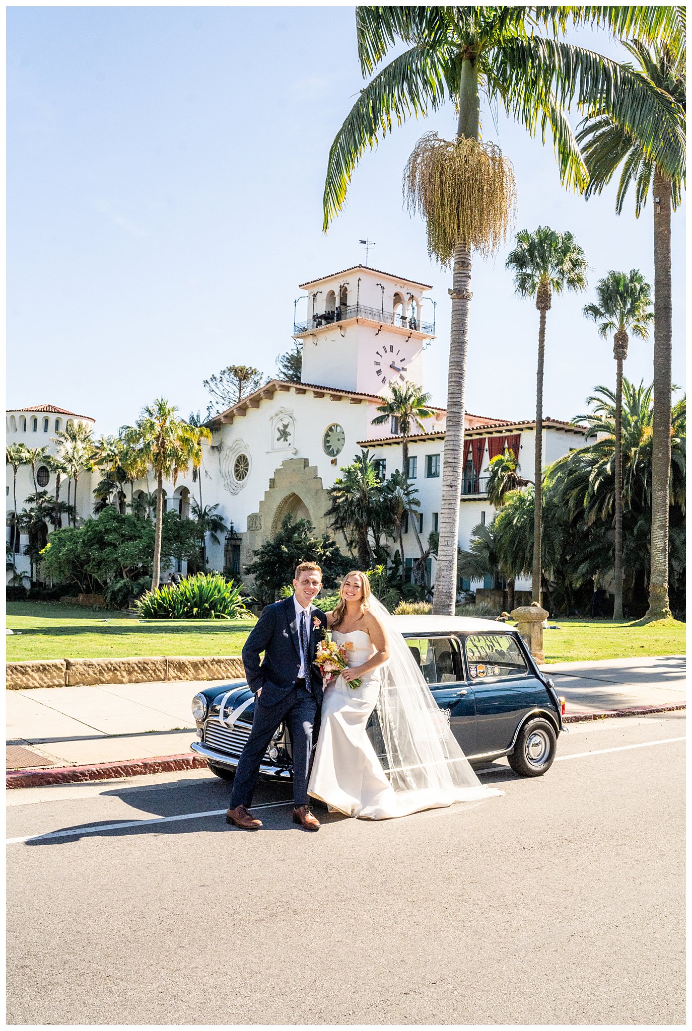 At Bride and Groom, lean against an old-fashioned car and wedding attire in front of the Santa Barbara courthouse for an iconic Hollywood wedding photo.