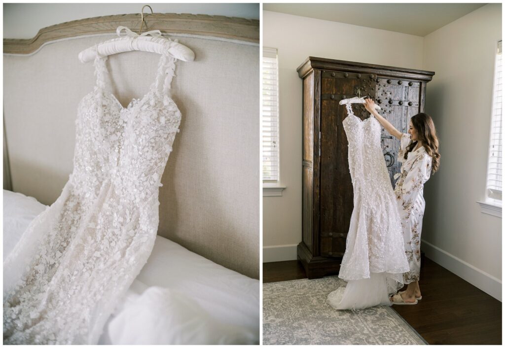 A bride getting ready for her wedding day at Bella, Terra Vineyards in Paso Robles, California, holding her wedding dress in the getting ready suite