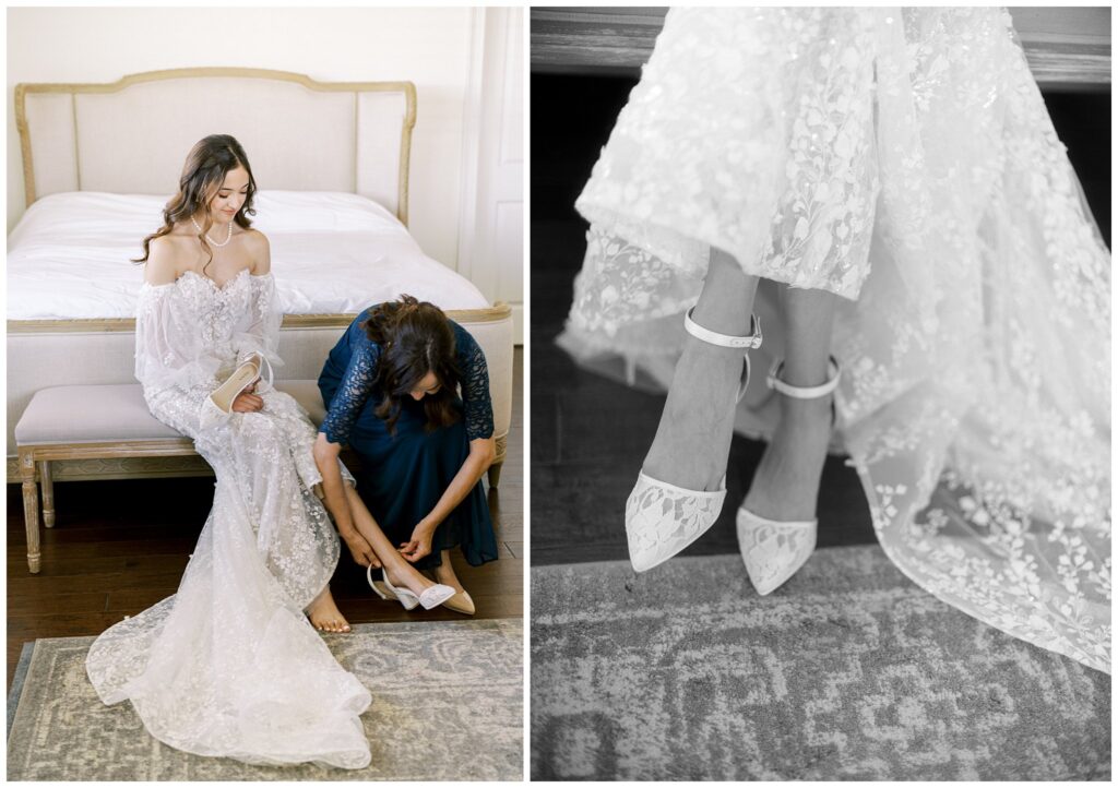 A bride put on her lace shoes before her classic Bella, TERRA wedding day at Paso Robles.