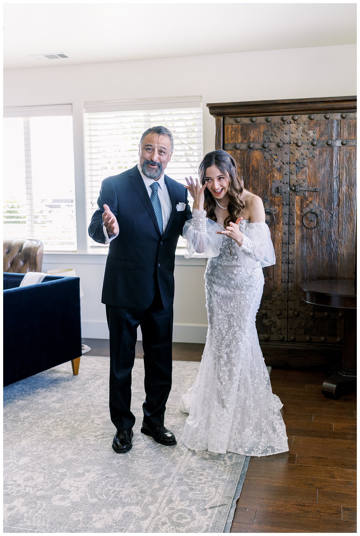 A father and daughter first look at Bella Terra Vineyards in Paso Robles during a classic wedding ceremony.