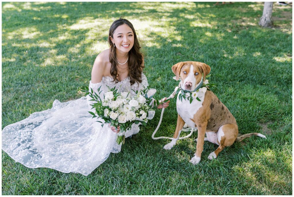 A bride holding her green and white bouquet poses with her dog, wearing a matching green and white floral dog collar during her wedding ceremony at Bella Terra Vineyards.
