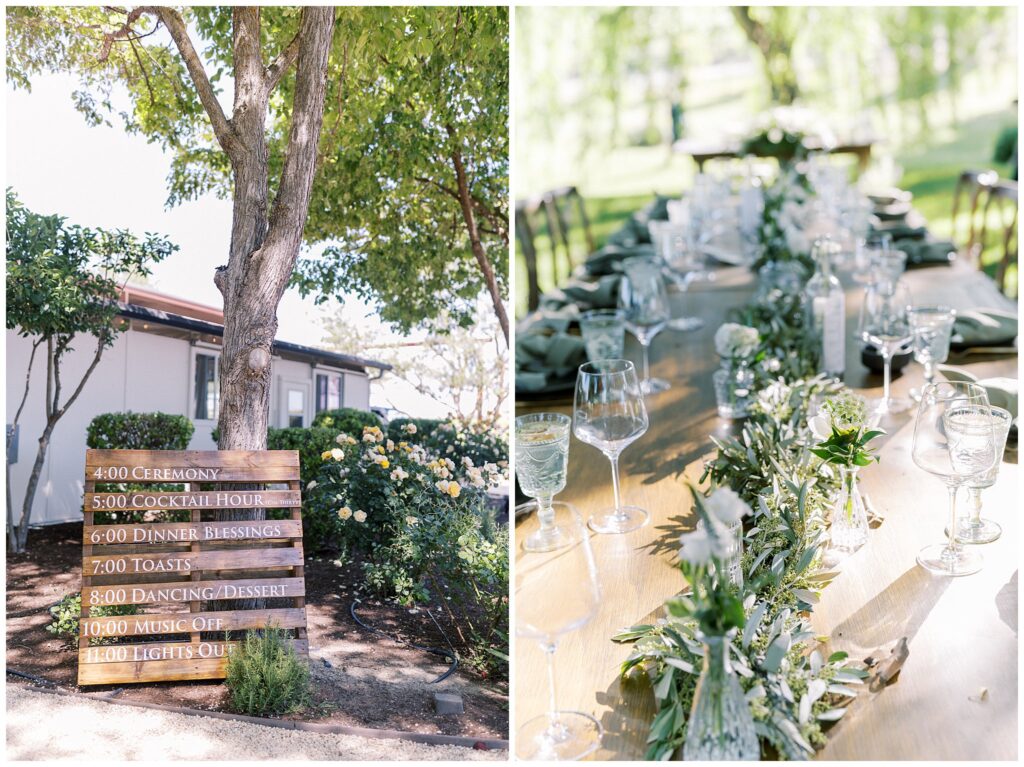 Tables and reception set up at Bella Terra Vineyards in Paso Robles, California during a spring garden wedding.