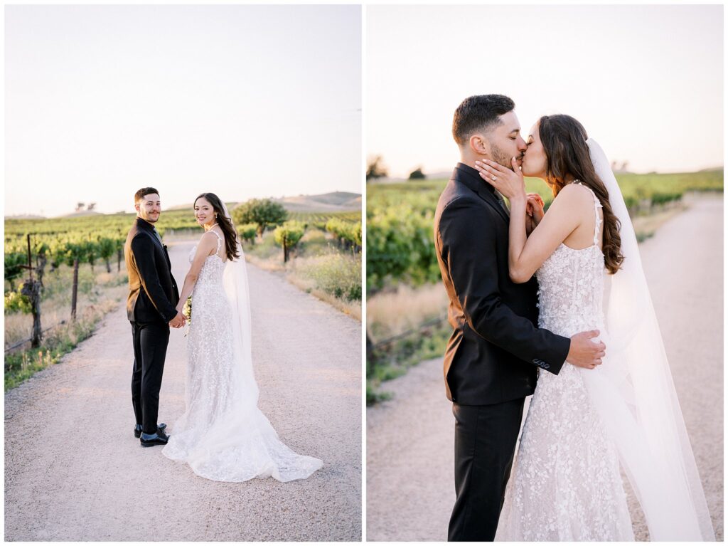 A bride and groom kiss in the vineyards at Bella, Terra Vineyards, in Paso Robles, California.