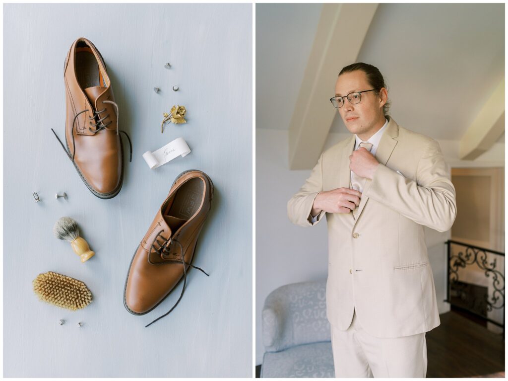 Groom gets ready for his wedding at chateau Noland Donning, his jacket and shoes.