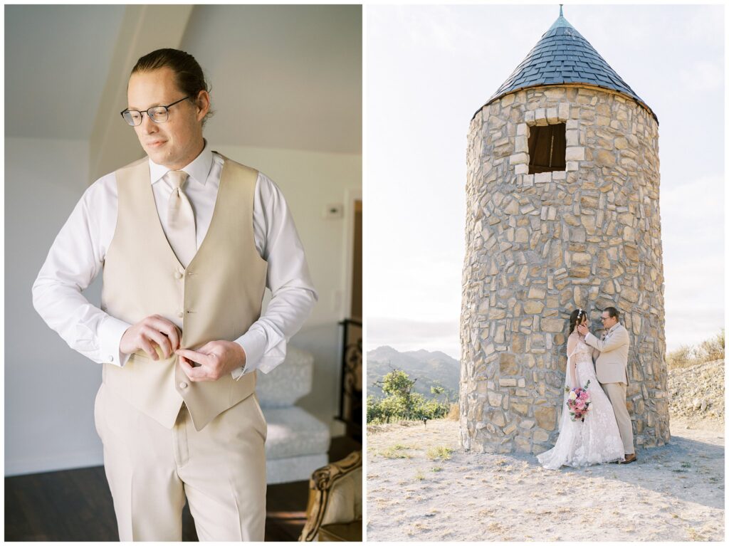 Bride and groom in wedding attire at a romantic Chateau Noland wedding.