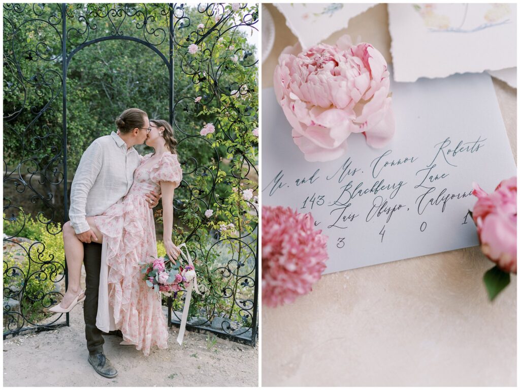 An upscale wedding at chateau Noland, as the bride and groom kiss in the gazebo.