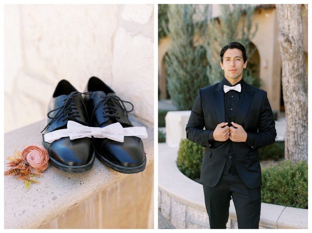 Groom portrait and tux details Paso Robles wedding