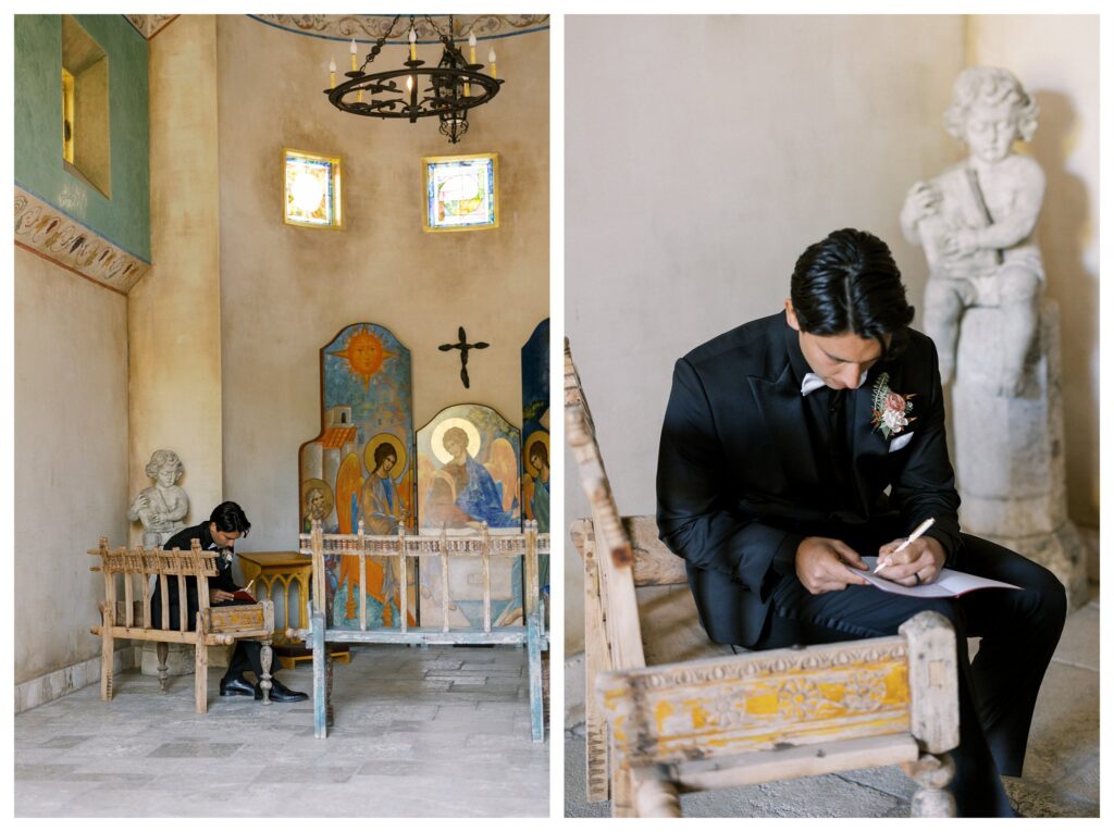 Groom writing his vows inside a European-style chapel at Allegretto Vineyard Resort surrounded by sacred art and stained glass.