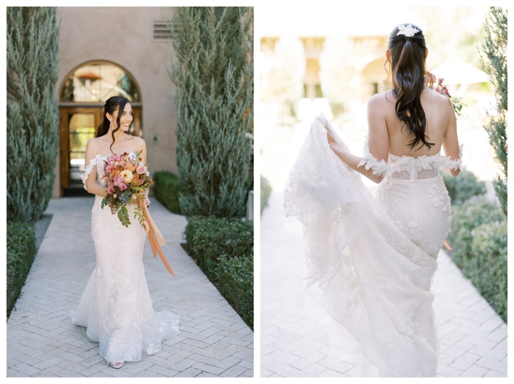 Bride walking with bouquet Allegretto Paso Robles