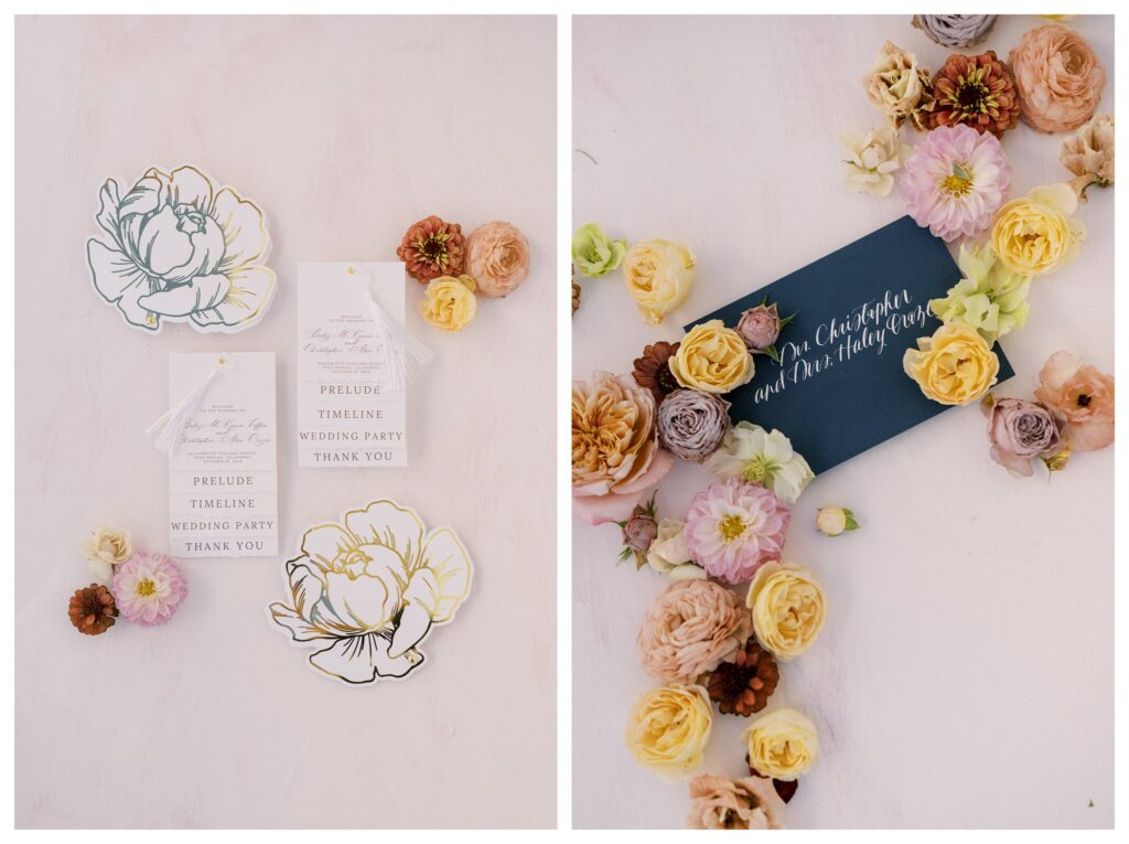 whimsical floral wedding program and navy envelope with calligraphy.