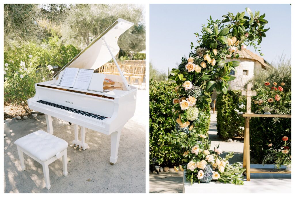 Elegant white piano for ceremony music and lush green floral arch at Allegretto’s outdoor garden.