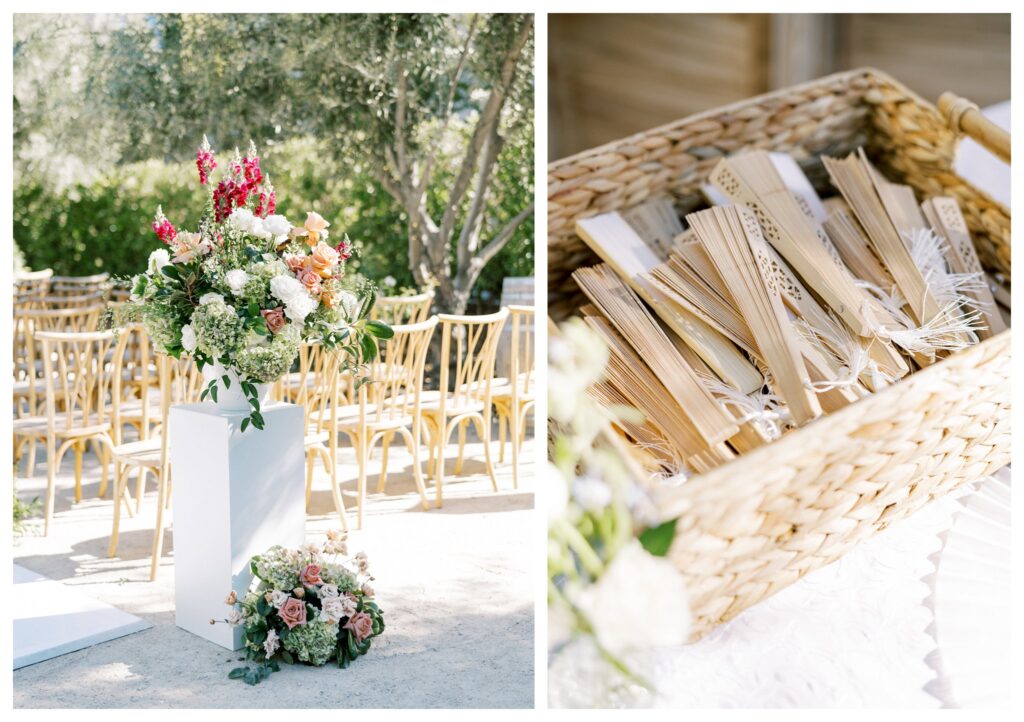 Ceremony flowers and wedding guest fans at Allegretto Paso Robles