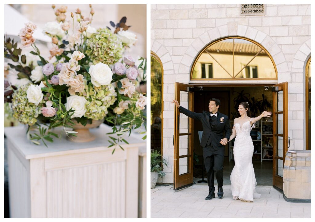 Romantic wedding flowers and couple entrance Allegretto