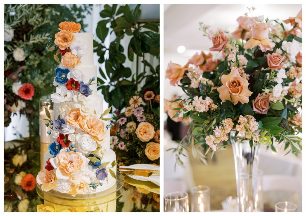 Romantic wedding cake and floral centerpiece at Allegretto wedding