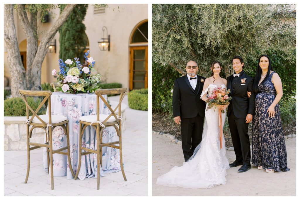 Cocktail hour table and family photo at Allegretto Vineyard wedding