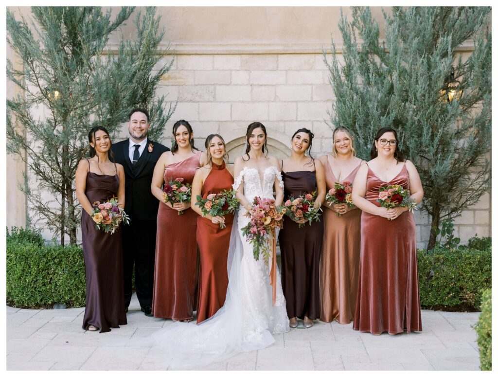 Allegretto bridal party rust and rose dresses