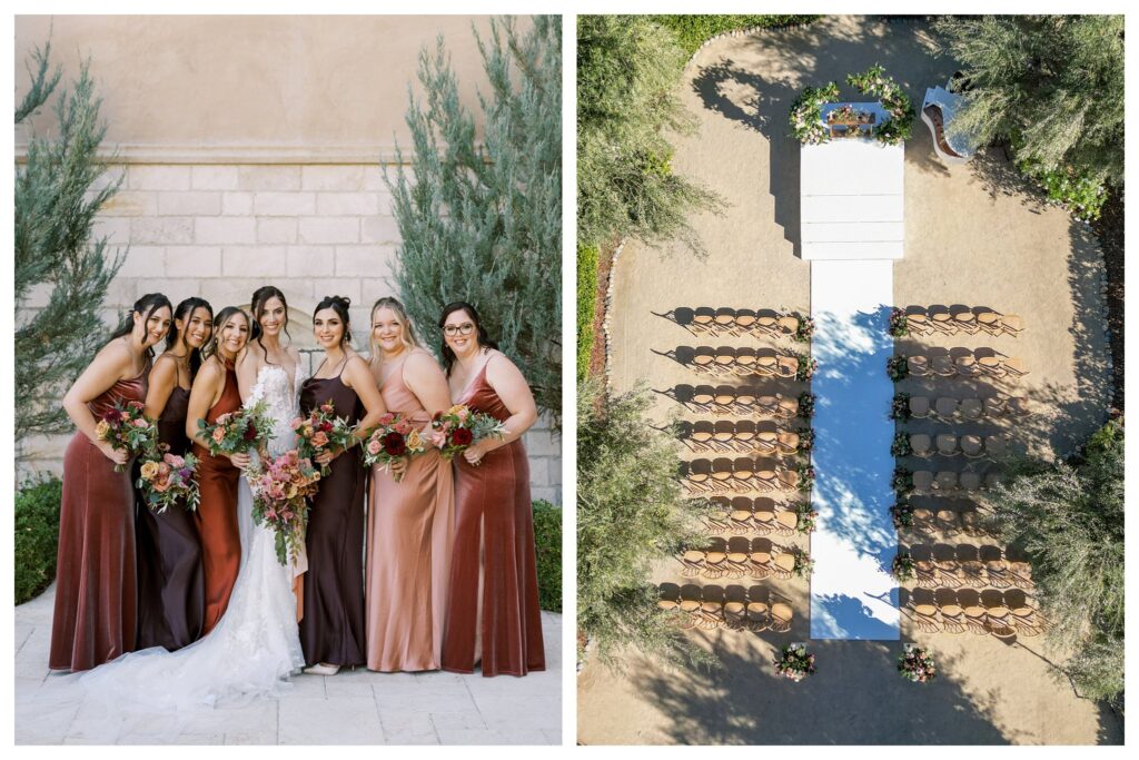 Elegant bridal party in earth-toned satin gowns with bride in lace wedding dress at Allegretto Vineyard