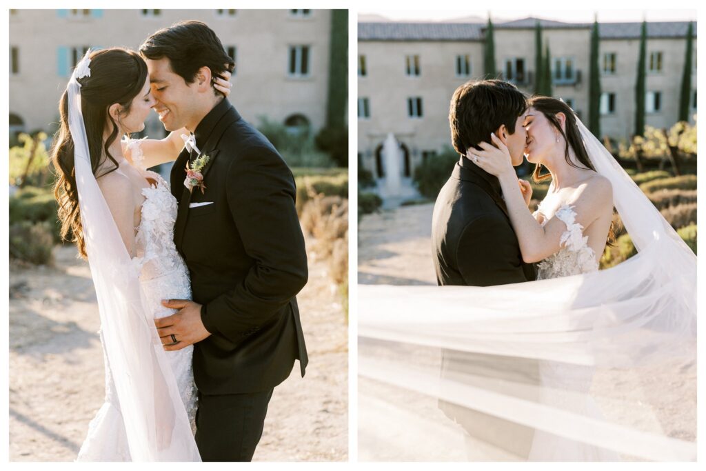 Golden hour wedding kiss at Allegretto Vineyard Paso Robles