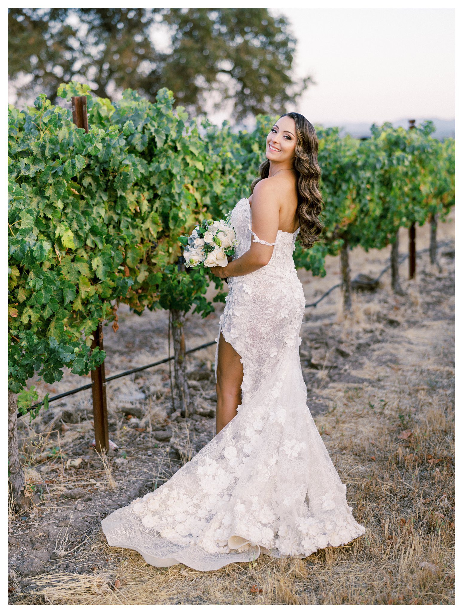Bridal portrait in the vineyard with elegant off-shoulder gown
