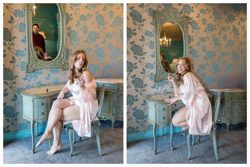 Bride at vanity – Retro Engagement | Madonna Inn | Leana Myra Photography
