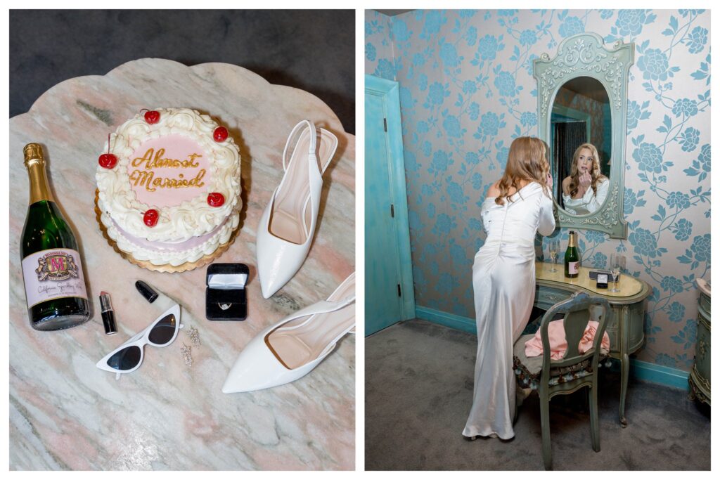 Flat lay with cake + shoes – Almost Married | Madonna Inn | Leana Myra Photography