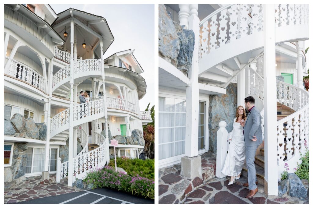 Couple on spiral staircase – Retro Engagement Session | Madonna Inn | Leana Myra Photography
