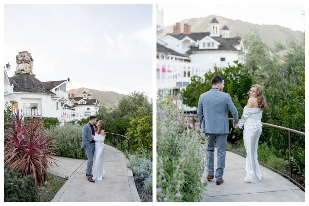 Bride and groom by staircase – Madonna Inn Wedding San Luis Obispo | Retro Engagement | Leana Myra Photography