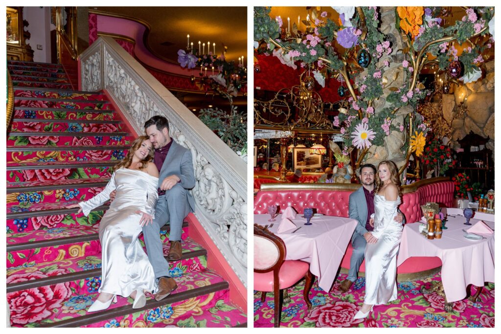 Couple smiling under tree – Colorful Engagement | Madonna Inn | Leana Myra Photography