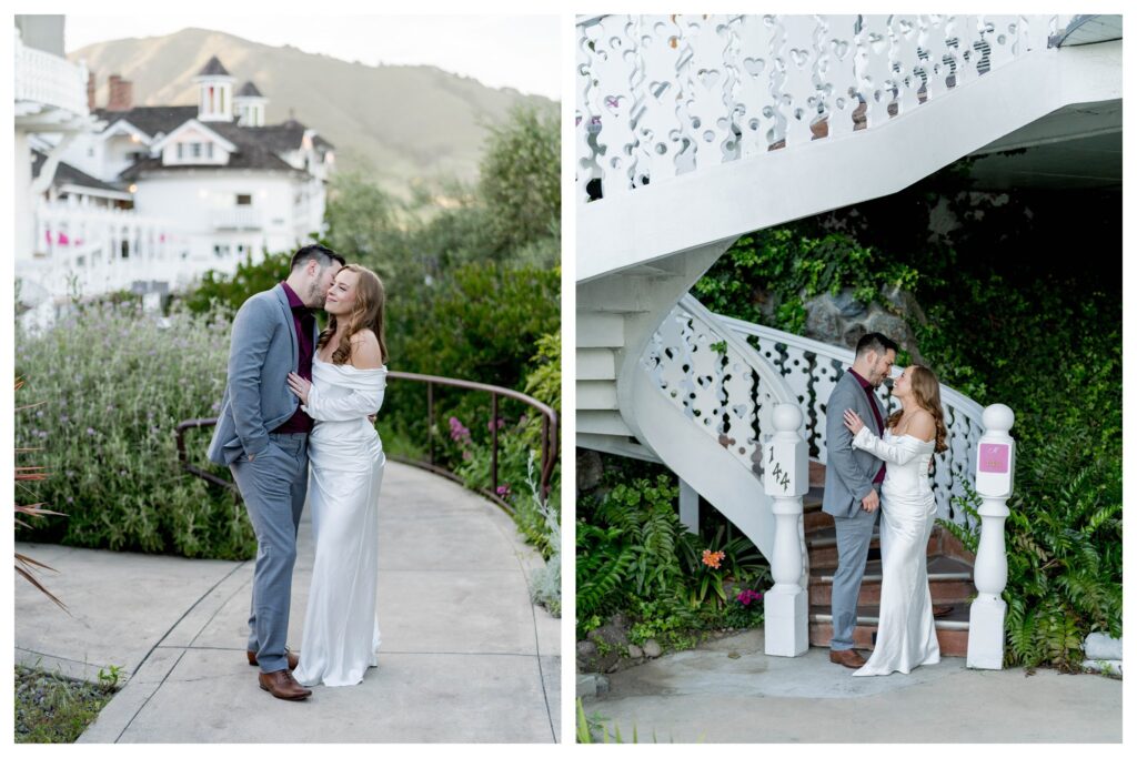 Bride at mirror on stairs – Retro Bridal Glam | Madonna Inn | Leana Myra Photography