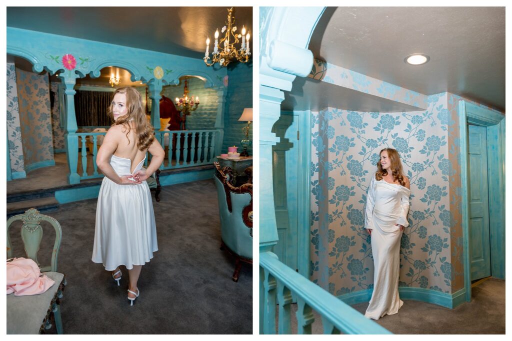 Couple walking in lot, bride looks back – Fun Bride | Madonna Inn Engagement | Leana Myra Photography