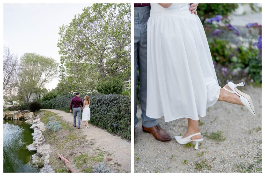 Couple walking by pond + shoe closeup – Sweet Details | Madonna Inn Wedding | Leana Myra Photography