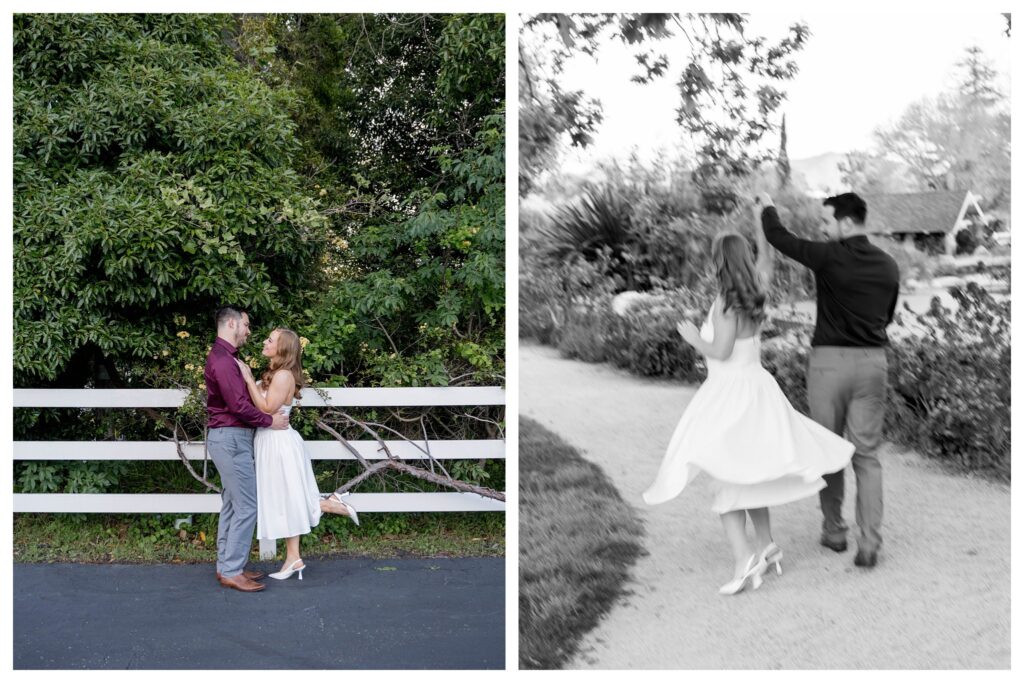 Couple by fence + dancing B&W – Whimsical Romance | Madonna Inn | Leana Myra Photography
