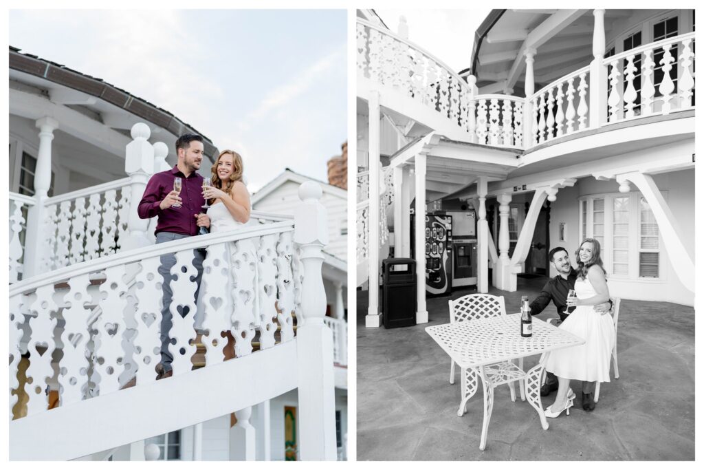 Couple in staircase + White Wine – Romantic Walk | Madonna Inn Wedding | Leana Myra Photography