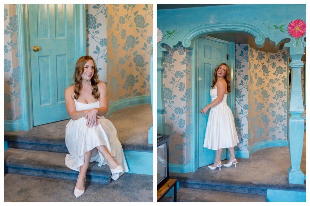 Bride sitting + twirling inside suite – Retro Bridal Suite | Madonna Inn | Leana Myra Photography