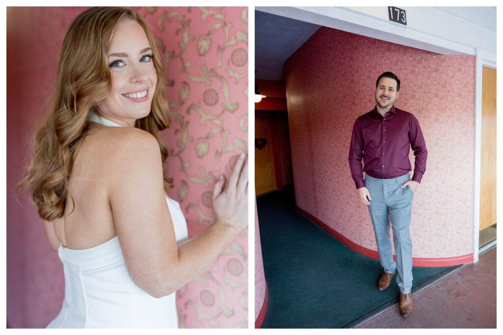 Bride by pink wall + groom standing – Colorful Hallway | Madonna Inn | Leana Myra Photography