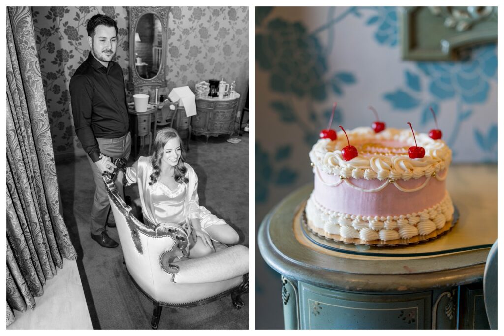 B&W couple in room + cake on table – Getting Ready | Madonna Inn Wedding | Leana Myra Photography