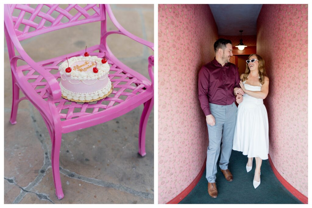 Cake on pink chair – Retro Engagement Session | Madonna Inn | Leana Myra Photography