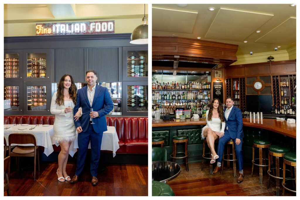Engaged couple having drinks at original Joe's during their photo session in San Francisco.