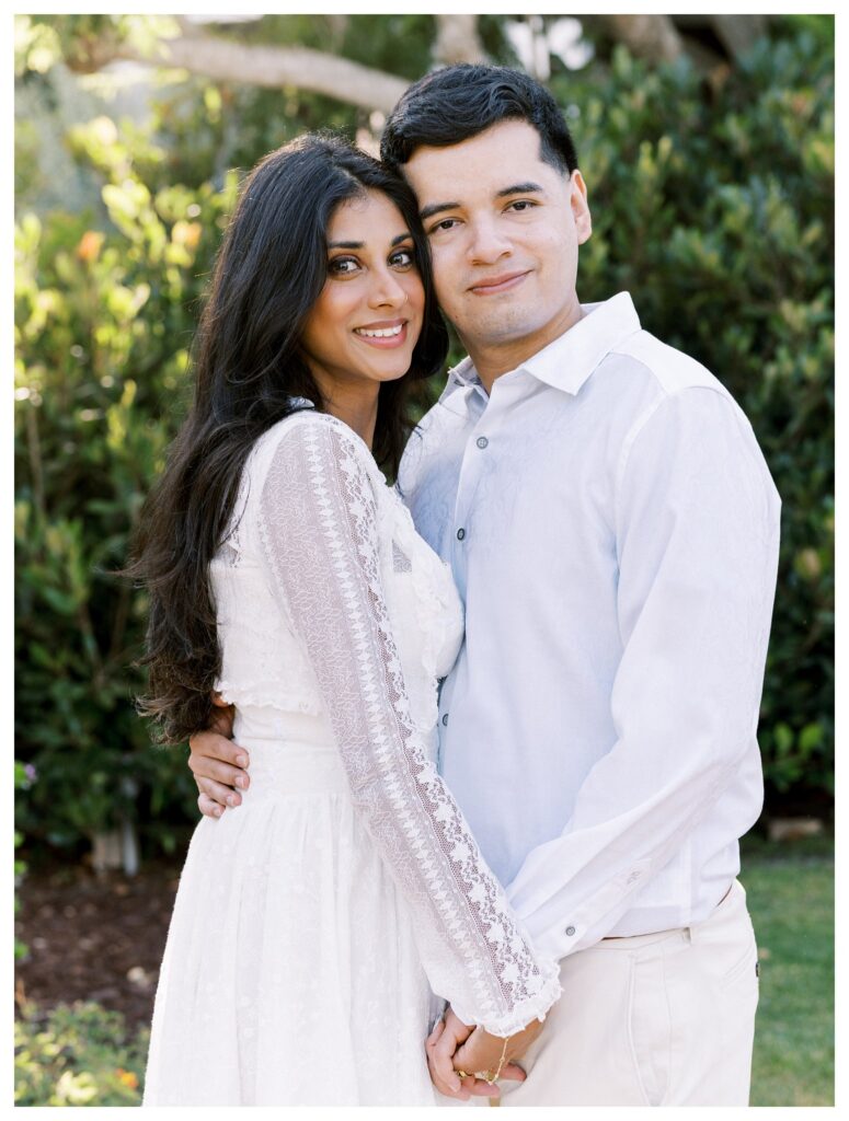 Romantic close-up of engaged couple smiling during their Santa Barbara Courthouse engagement session